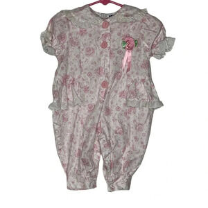 Vintage Doe spun baby girls white pink floral romper eyelet trim sz 3-6m